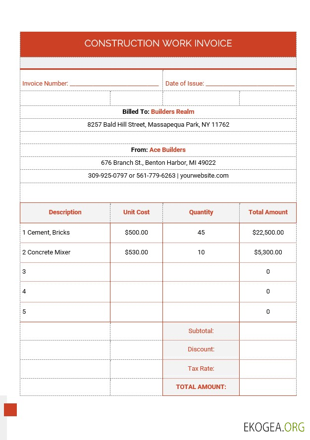 Modèle de facture de travaux de construction 2 template Modèle de facture de travaux de construction 2 template